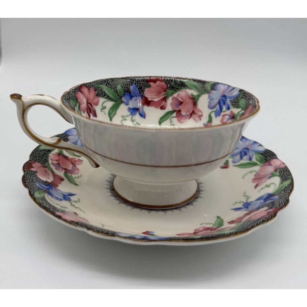 Paragon Teacup and Saucer Sweet Pea Pink Blue Flowers Bone China England Vintage